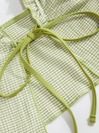 V-neck Gingham Bowknot Lettuce Trim Tankini Bikini Set