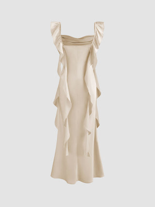 Satin Cowl Neck Solid Ruffle Hem Maxi Dress