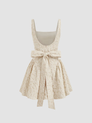 Jacquard U-neckline Floral Backless Bowknot Mini Dress