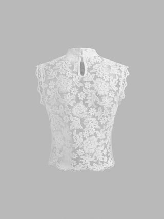 Lace Mandarin Collar Floral See-through Tank Top