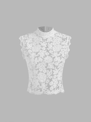 Lace Mandarin Collar Floral See-through Tank Top