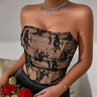 Corset button lace backless tube top