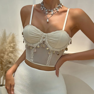 Ruched v neck lace hem mesh cami top