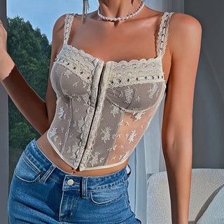 Lace hem u neck button backless cami top