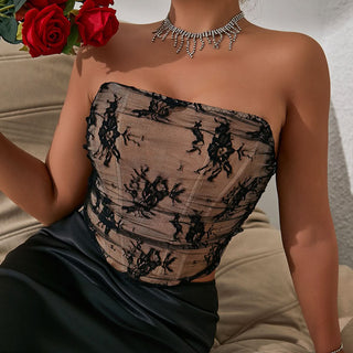 Corset button lace backless tube top