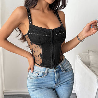 Lace hem u neck button backless cami top