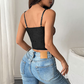 Lace hem u neck button backless cami top