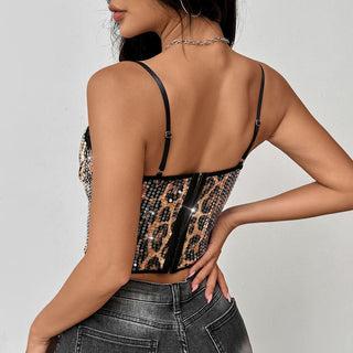 Leopard print glitter notch neck lace hem cami top