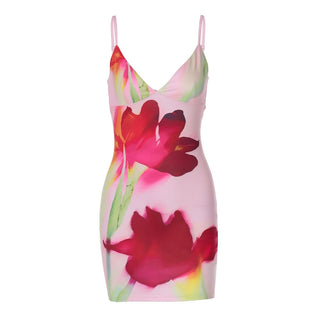 Deep v neck flower print cami mini dress