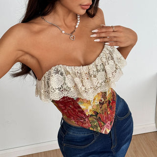 Lace hem lace up print backless tube top