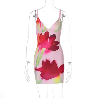 Deep v neck flower print cami mini dress