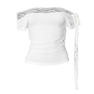 Off shoulder lace hem self tie irregular top