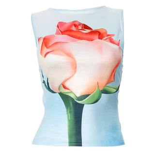 Self tie crewneck flower print contrast top