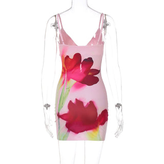 Deep v neck flower print cami mini dress