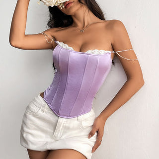 Lace hem beaded corset backless tube top