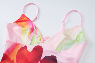 Deep v neck flower print cami mini dress