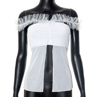 White mesh slit ruffle off shoulder top