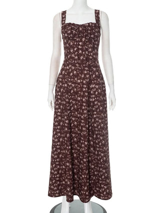 Slit flower print backless zip-up cami maxi dress