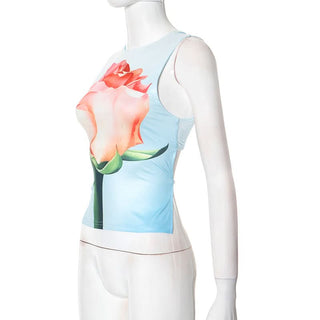 Self tie crewneck flower print contrast top