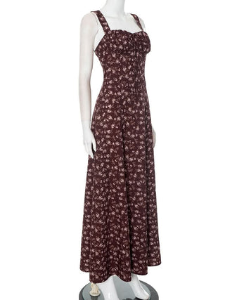 Slit flower print backless zip-up cami maxi dress