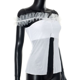 White mesh slit ruffle off shoulder top