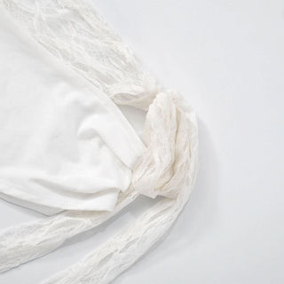 Off shoulder lace hem self tie irregular top