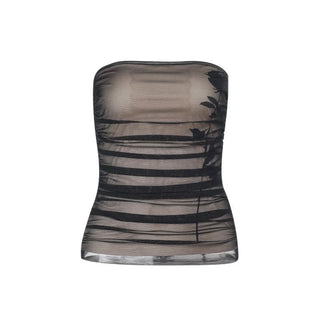 Ruched mesh flower pattern tube top