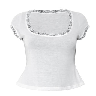 Lace hem short sleeve u neck solid top