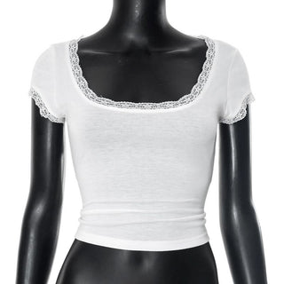 Lace hem short sleeve u neck solid top