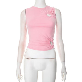 Crewneck ruched heart hollow out irregular cut out top