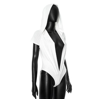 Hoodie short sleeve button deep v neck bodysuit