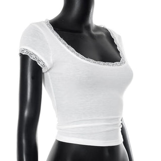 Lace hem short sleeve u neck solid top