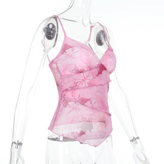 Mesh v neck flower print ruffle cami top