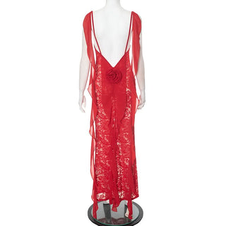 Square neck lace flower applique midi dress