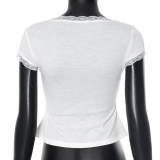 Lace hem short sleeve u neck solid top