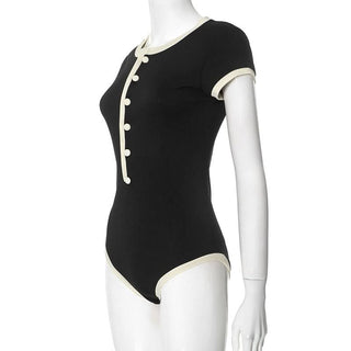Button ribbed short sleeve round neck bodysuit