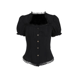 Short sleeve button lace hem pleated top