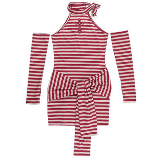 Striped print crewneck gloves mini dress