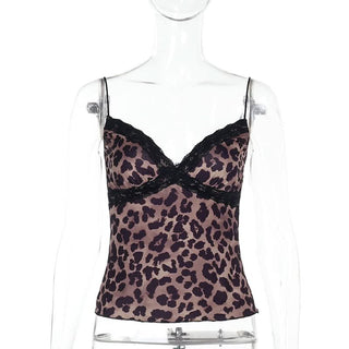 Leopard print lace hem v neck spaghetti strap top