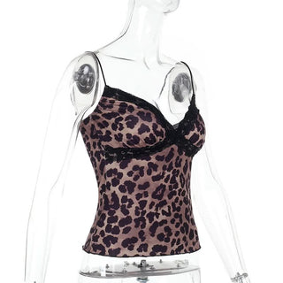 Leopard print lace hem v neck spaghetti strap top