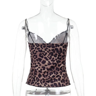 Leopard print lace hem v neck spaghetti strap top