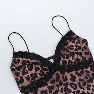 Leopard print lace hem v neck spaghetti strap top