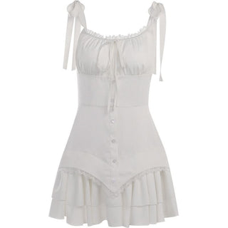 Self tie ruched lace hem zip-up cami mini dress