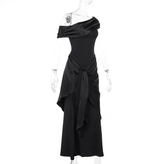One shoulder ruched irregular satin maxi dress
