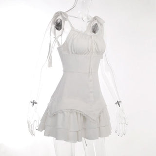 Self tie ruched lace hem zip-up cami mini dress