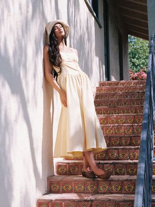 Wedding Wedding Guest Dress Summer Vacation Dresses Dress For Daily Casual Solid wedding guest wedding corset Woven Cotton-blend Square Neck Lace Up Ruffle Maxi Dress For Vacation