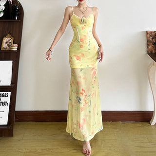 Flower applique contrast lace hem cami maxi dress