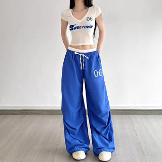 Drawstring letter print ruched low rise pant