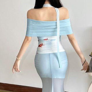 Off shoulder mesh fish print top