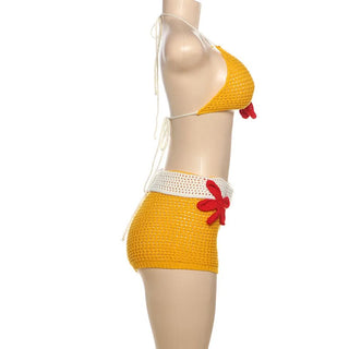 Halter flower applique backless short pant set